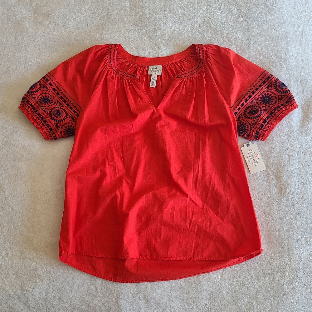 NWT St. John's Bay blood orange Blouse with Navy Embroidery Size M